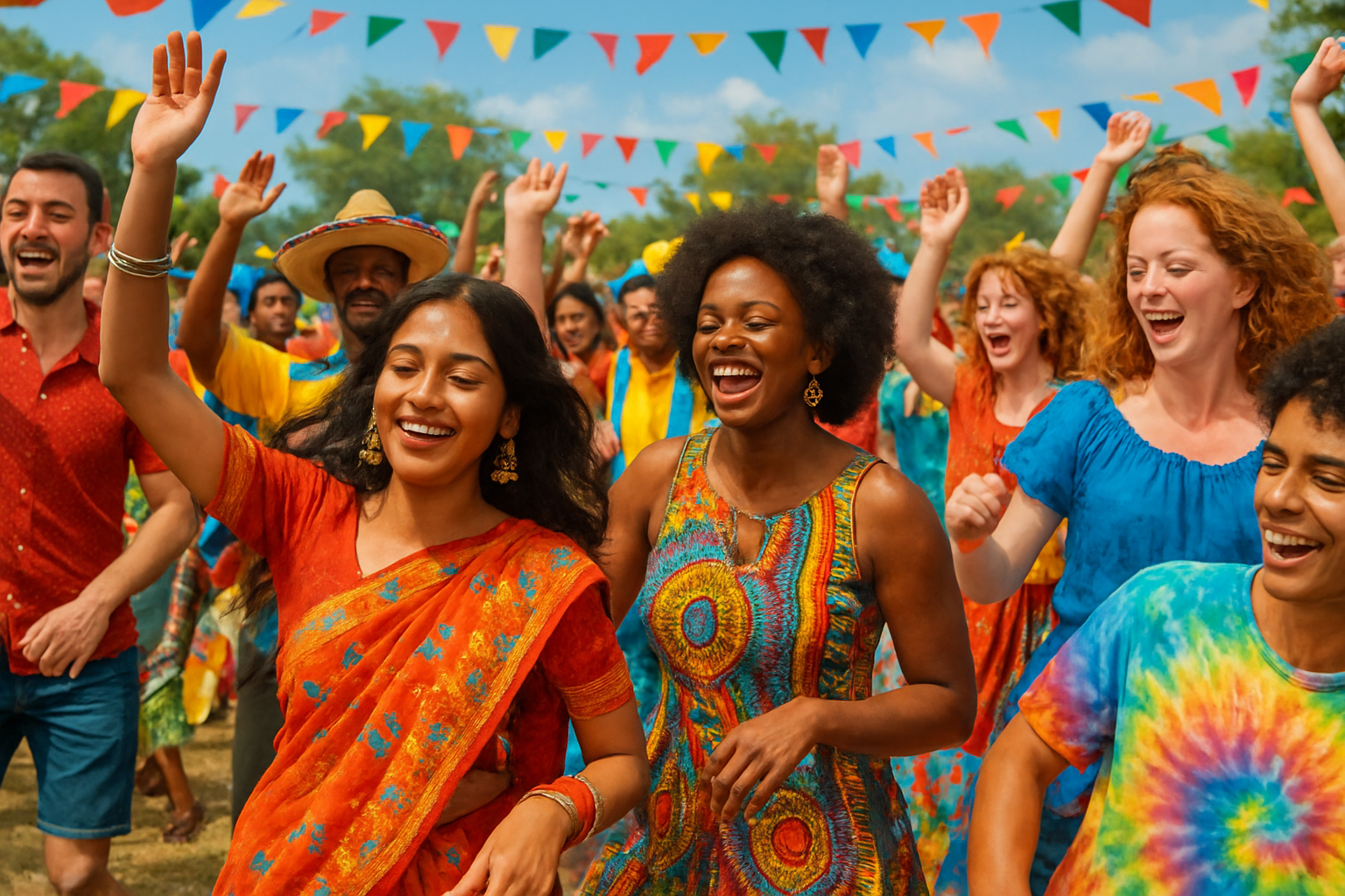 Vibrant cultural celebration, people dancing outdoors