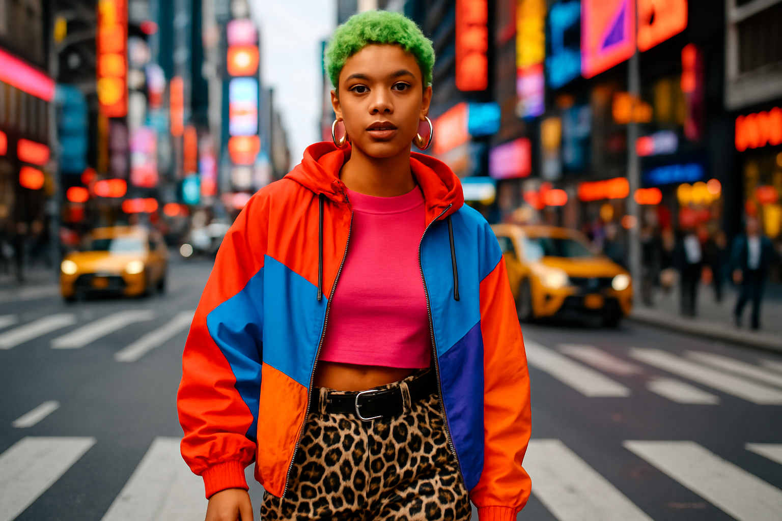 Bold fashion look, vibrant city background