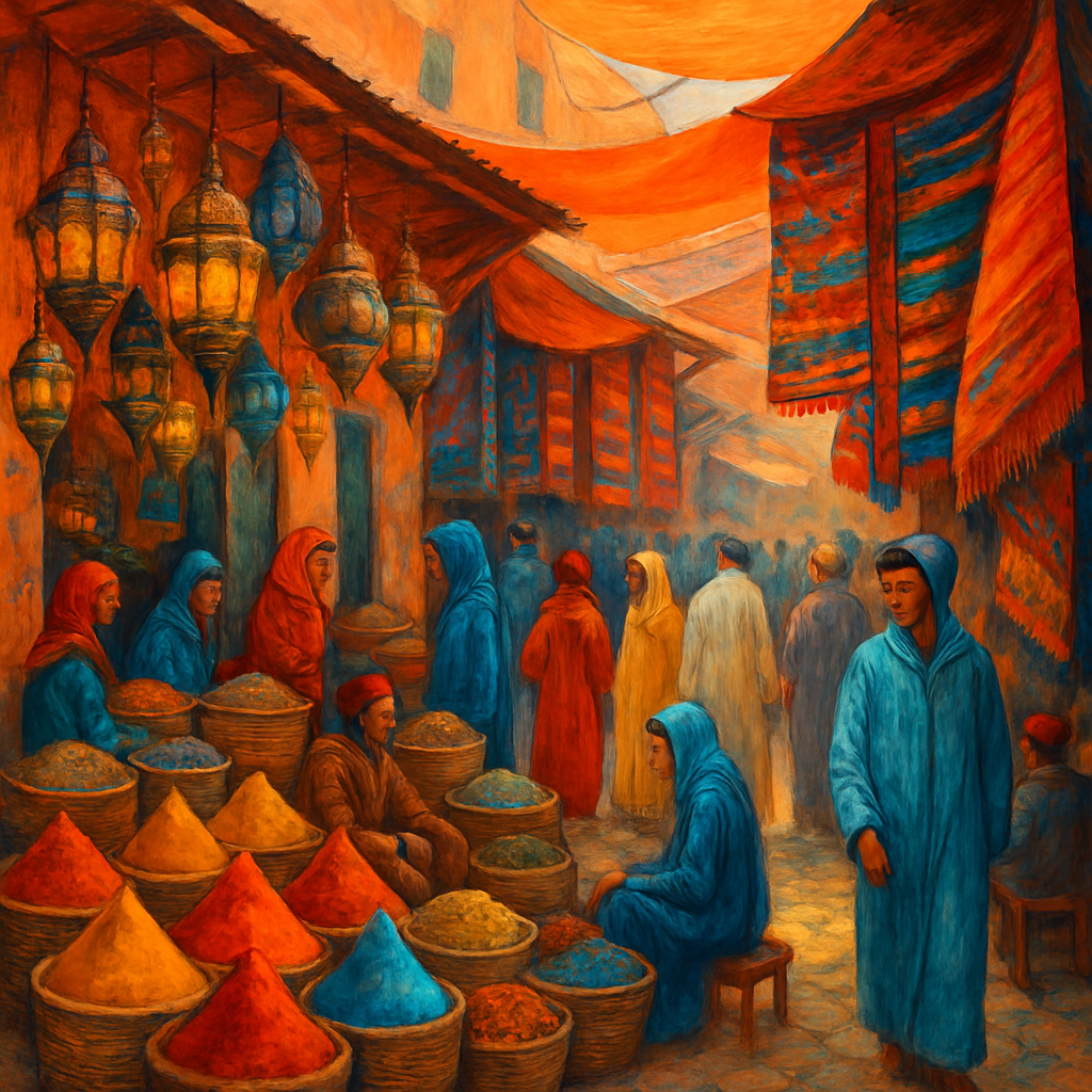 Marrakech vibrant market with colorful spices and lanterns