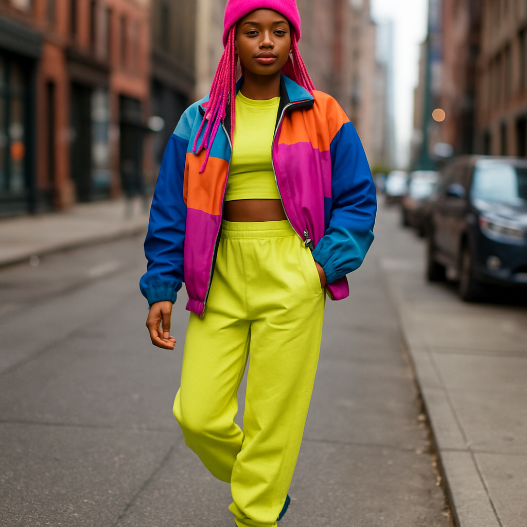 Vibrant street style outfit on a city sidewalk with bold colors and confident attitude.