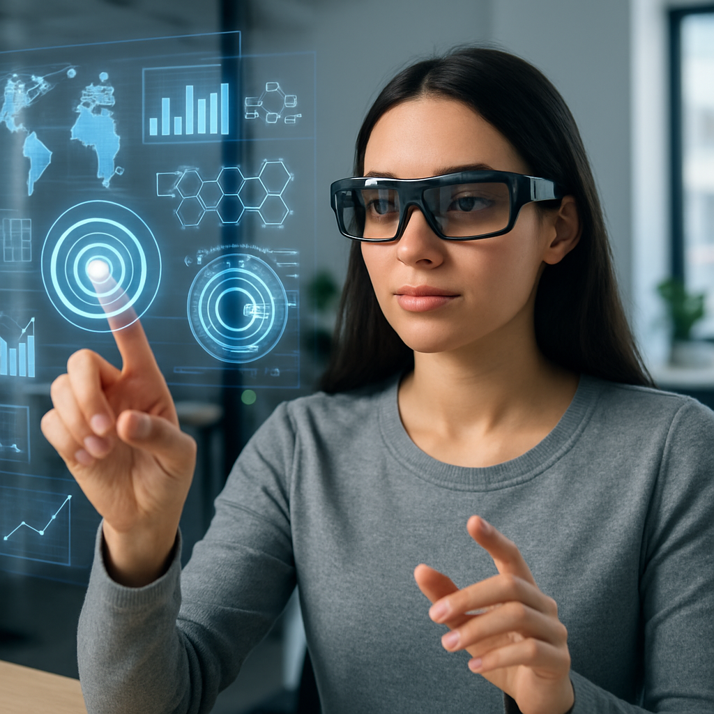 Young woman wearing AR glasses interacts with futuristic digital interface in a modern workspace.