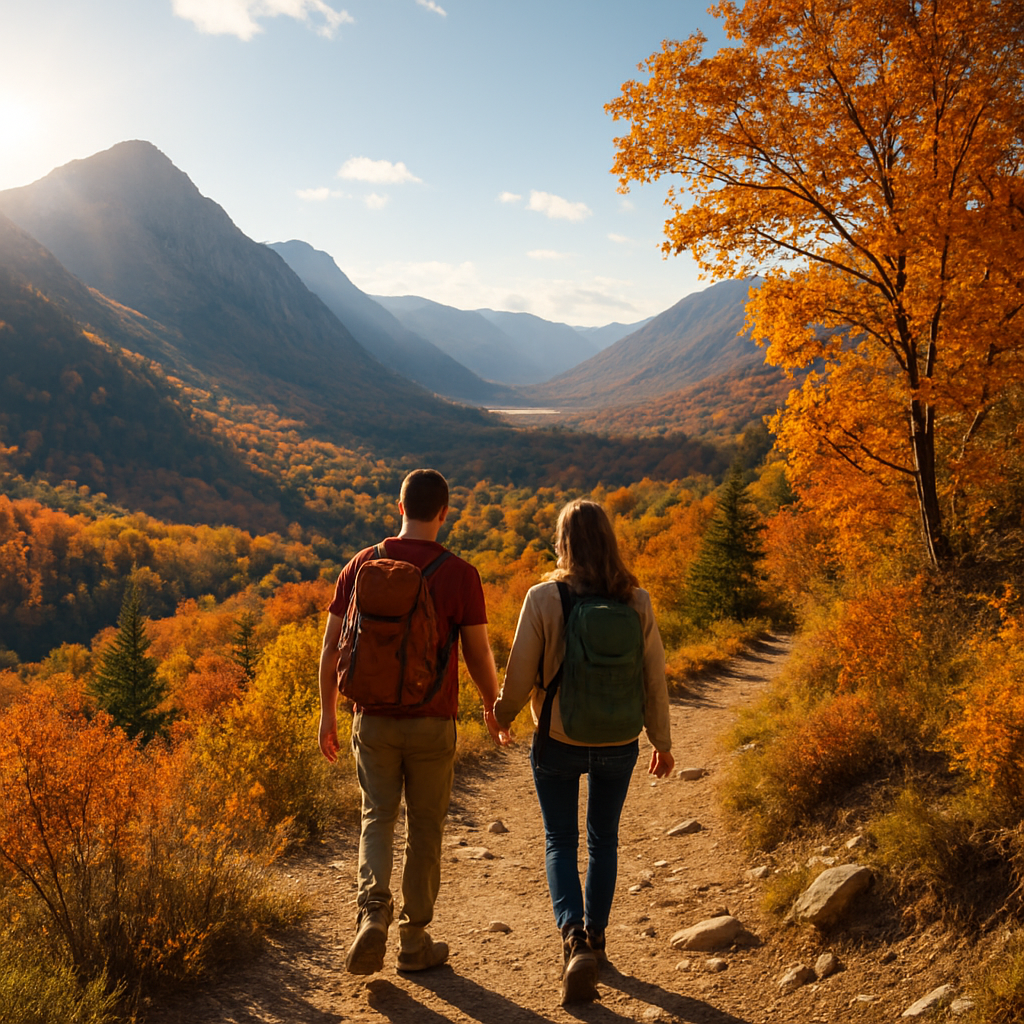 Couple hiking on a sunlit mountain trail overlooking a stunning valley with autumn foliage.