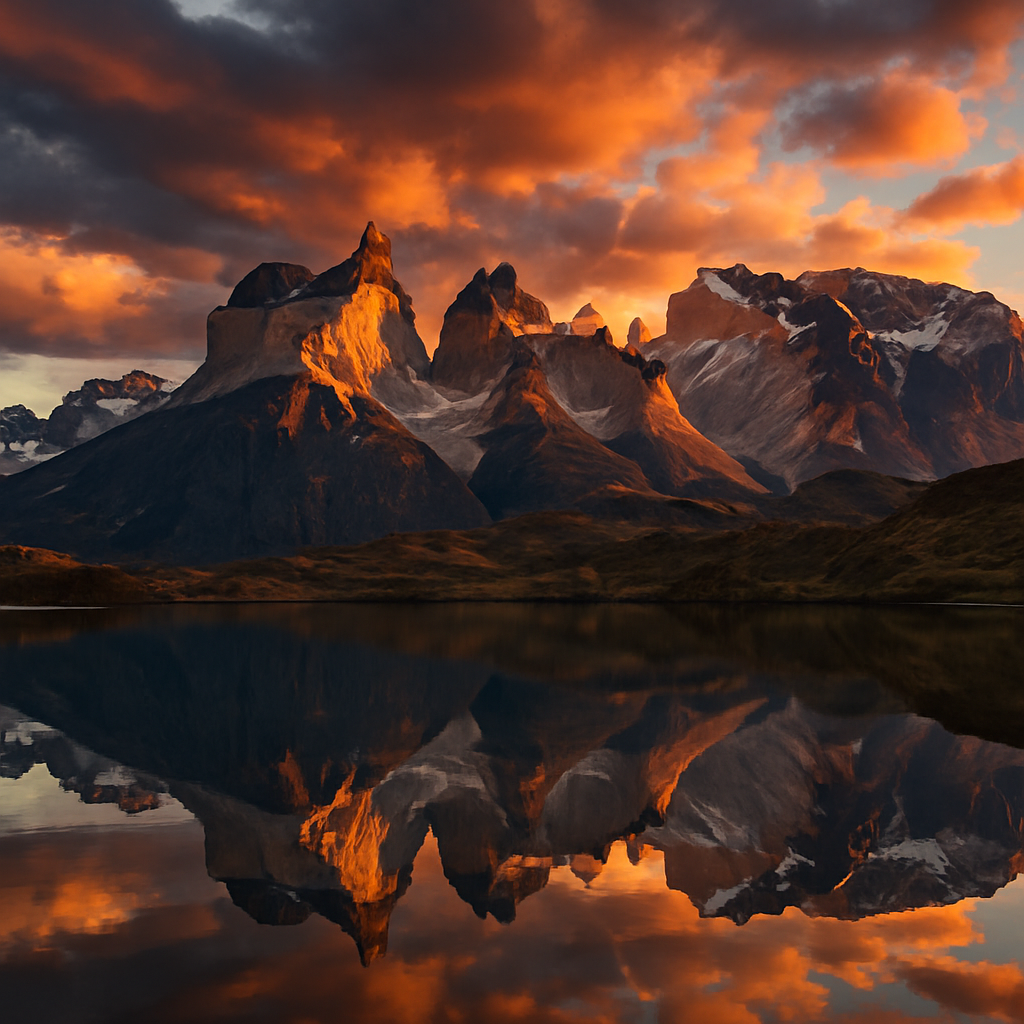 Patagonia mountains reflecting on a tranquil lake at sunrise