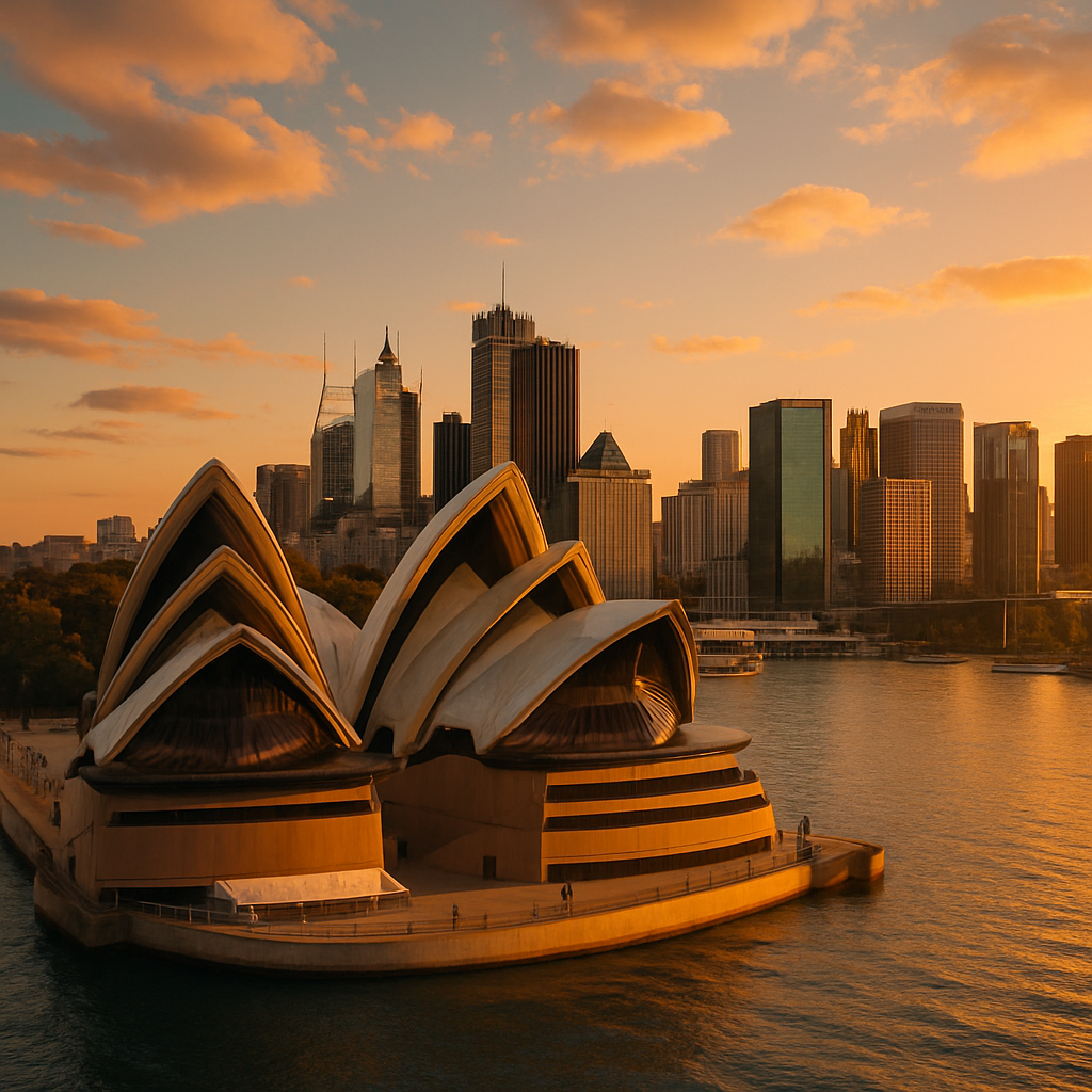 Sydney Opera House with city skyline and harbor at golden hour