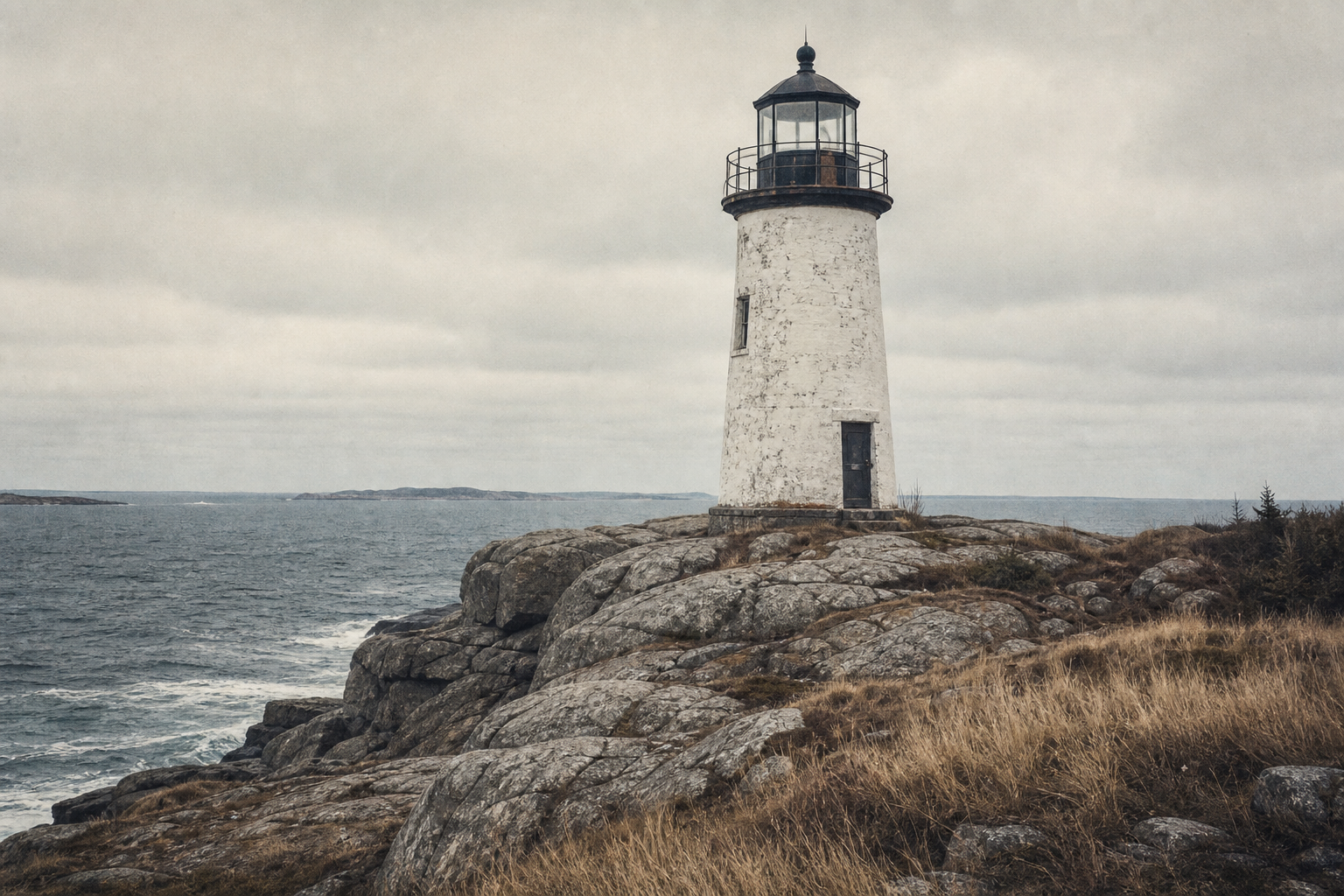Bracken Point Light on a windswept granite bluff with weathered white tower and dark lantern cap