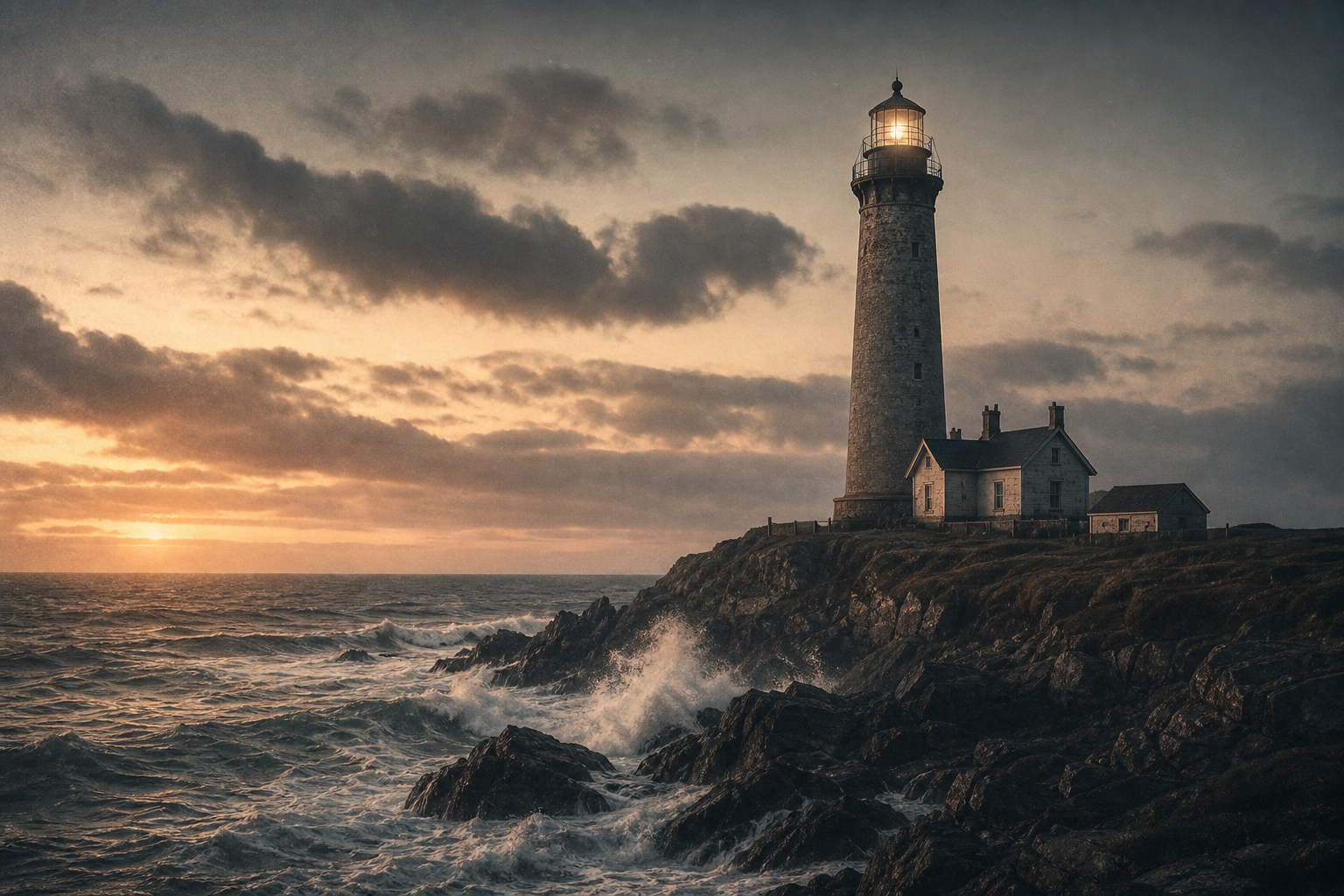 Dramatic lighthouse on a windswept northern shoreline at dusk with warm film-photography tones