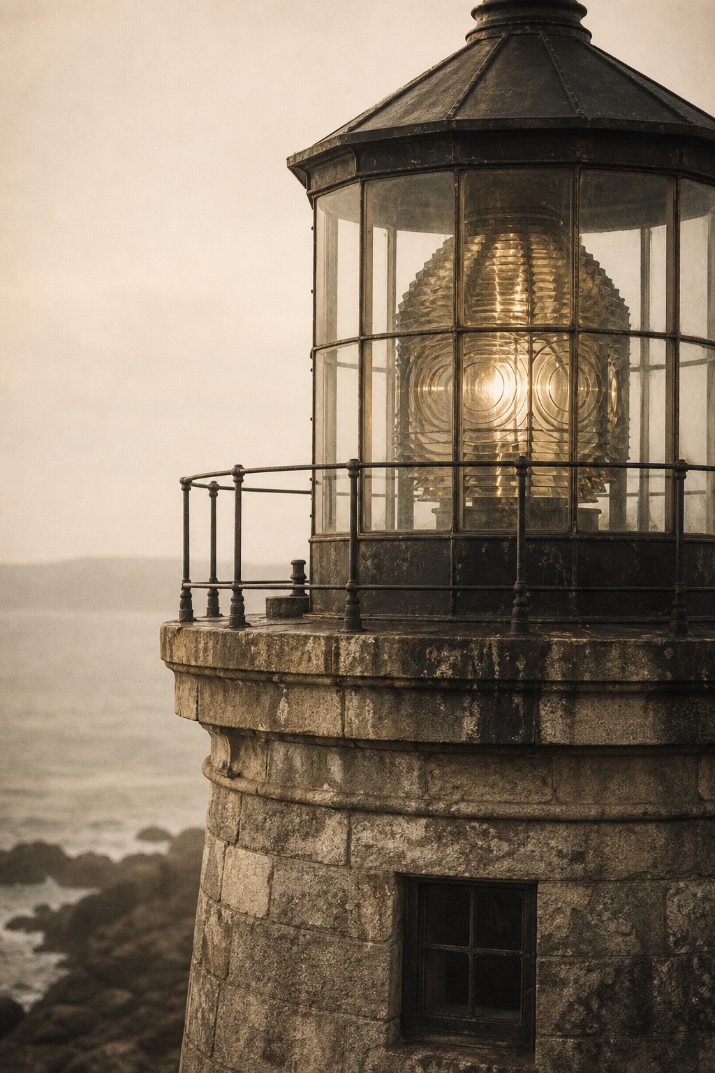 Close archival-style view of a lighthouse lantern room with weathered stone and soft shoreline haze in warm desaturated tones