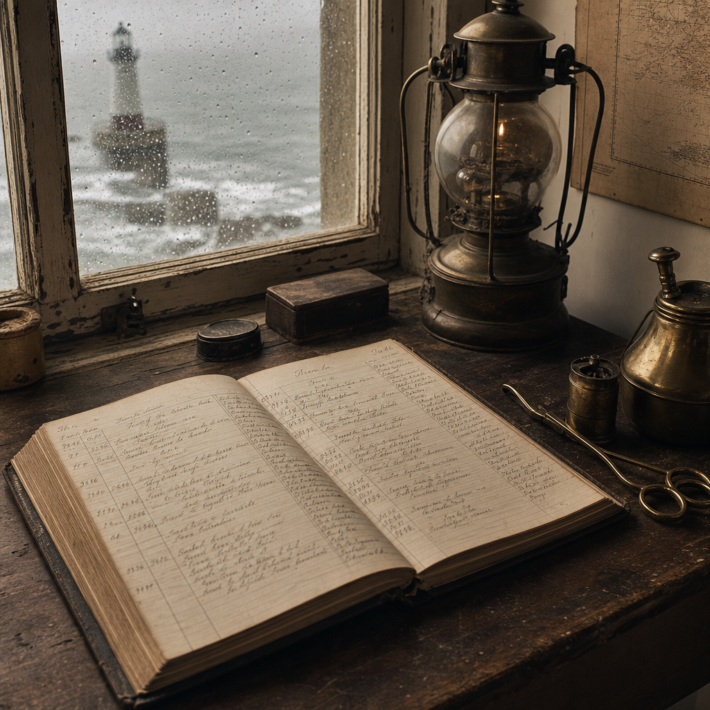 Weathered keeper desk with open logbook, brass lamp tools, and a rain-streaked window facing rough coastal water