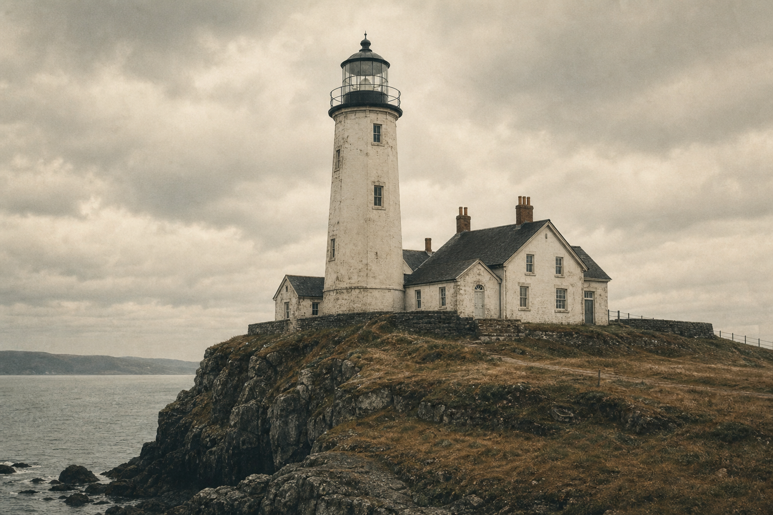Northwatch Head Lantern with tall octagonal tower and keeper cottages facing gray coastal water