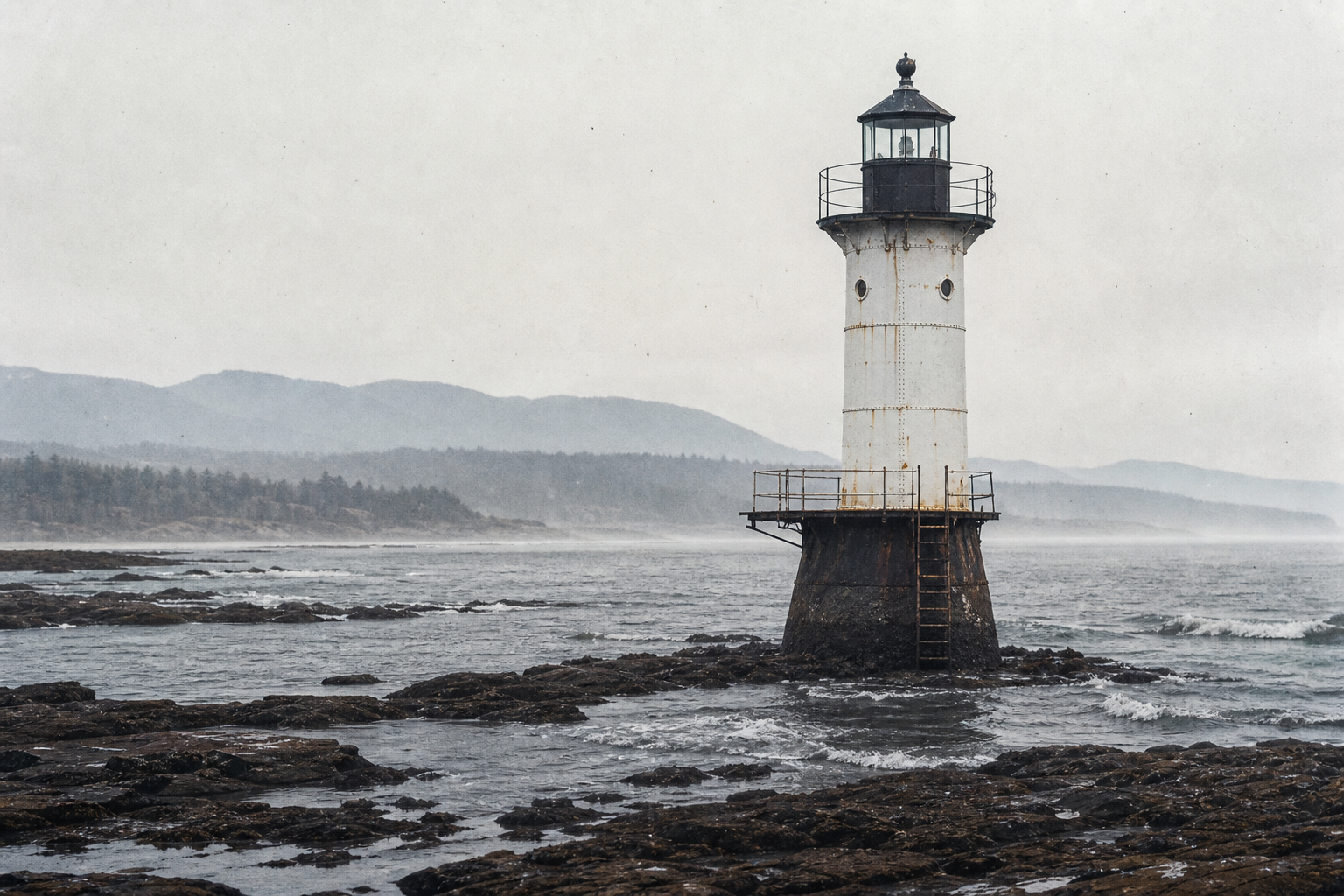 Saltmere Reef Light, a compact iron lighthouse standing at low tide beside black rock shelves