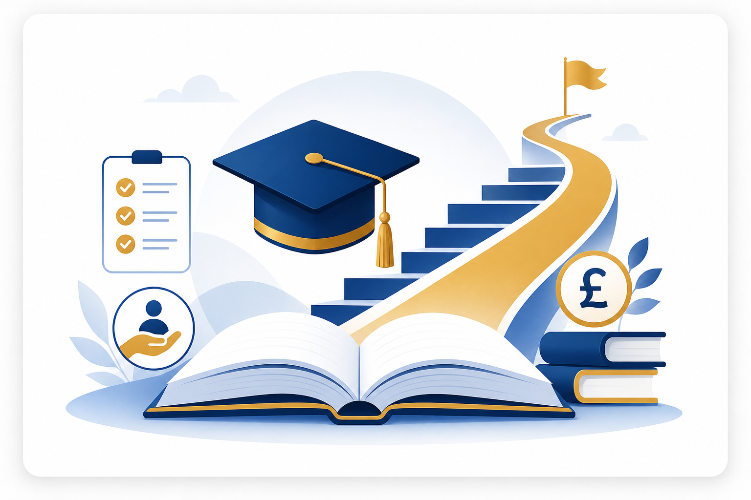 Abstract education illustration featuring a graduation cap, open book, upward path, and small icons representing guidance and funding.