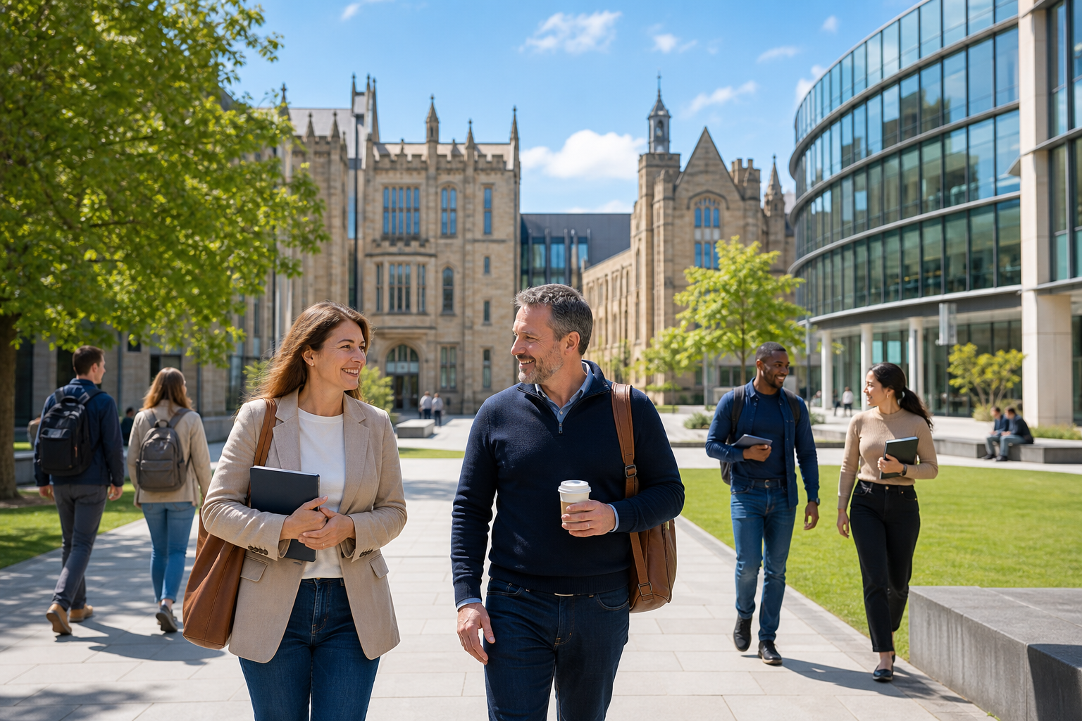 Mature students walking through a modern UK university campus with historic buildings and contemporary glass architecture