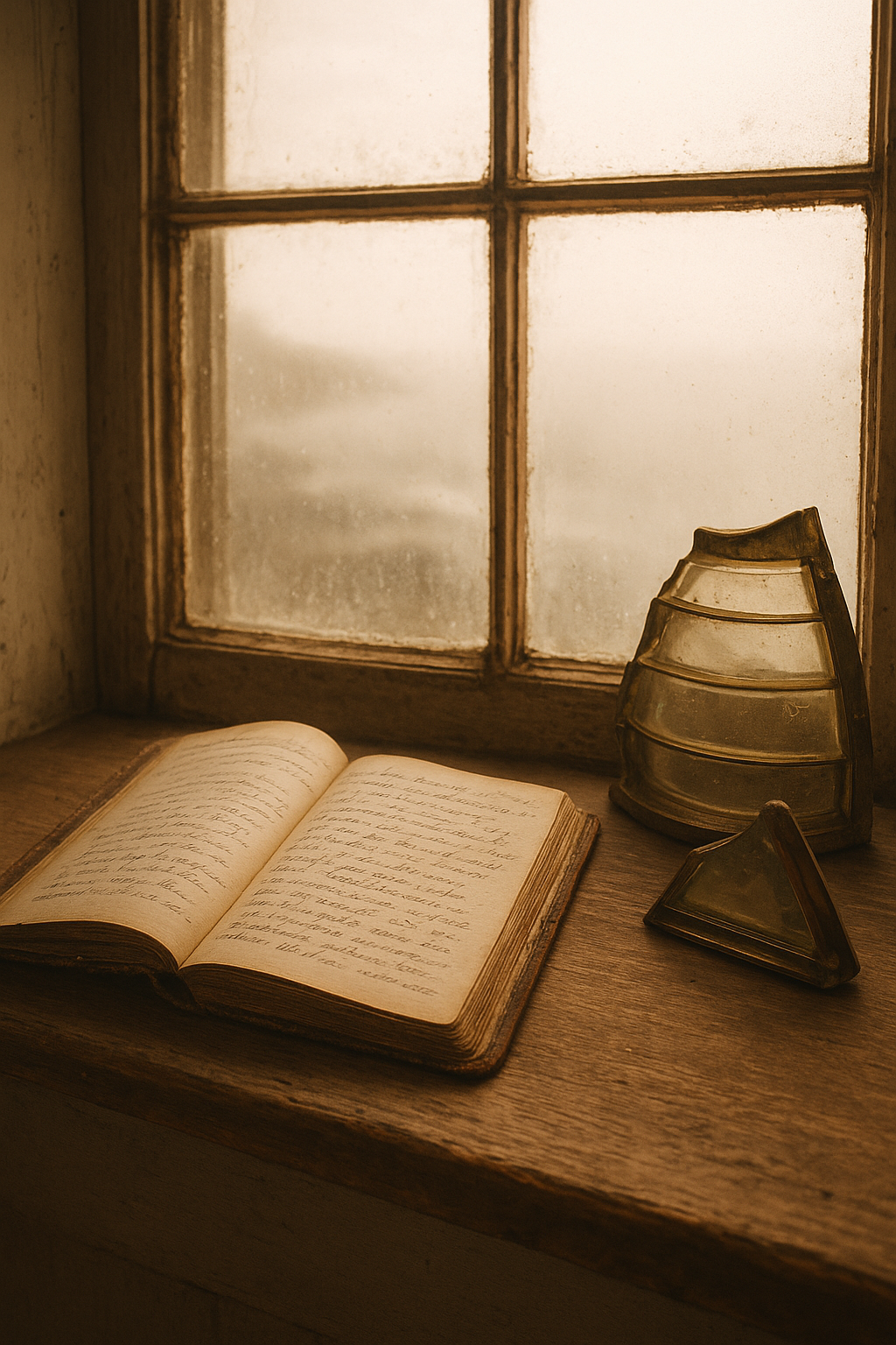 Close documentary detail of a weathered lighthouse keeper's log beside a salt-fogged coastal window and lantern glass