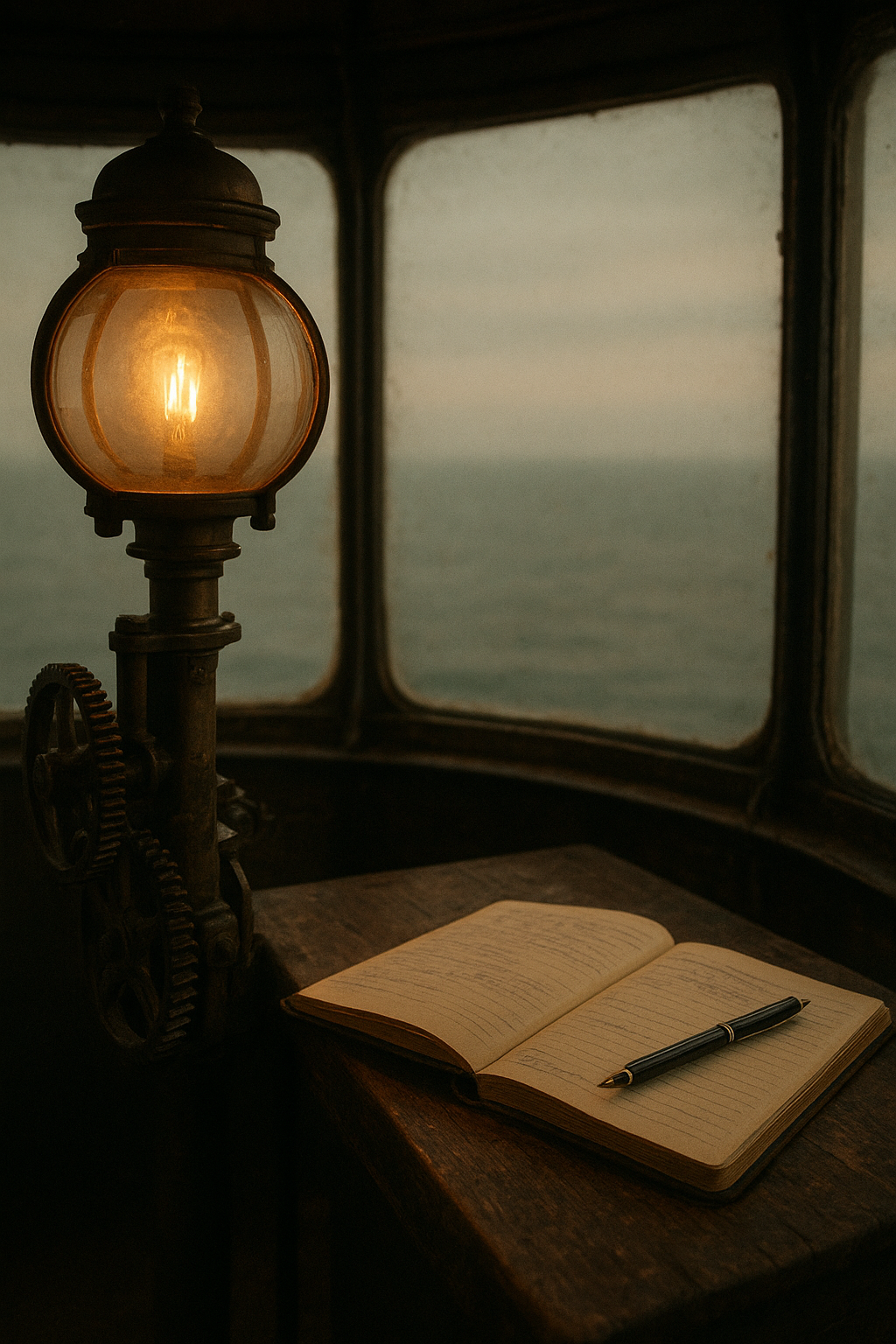 Warm archival photograph of a lighthouse lantern room interior with brass lamp mechanisms, weathered glass panes, and a keeper's notebook resting on a narrow wooden shelf at dusk