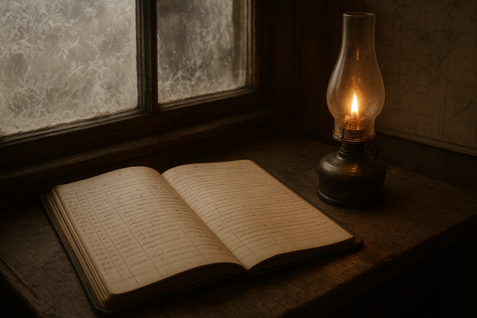 Open lighthouse logbook beside an oil lamp and frost-marked window in a keeper cabin