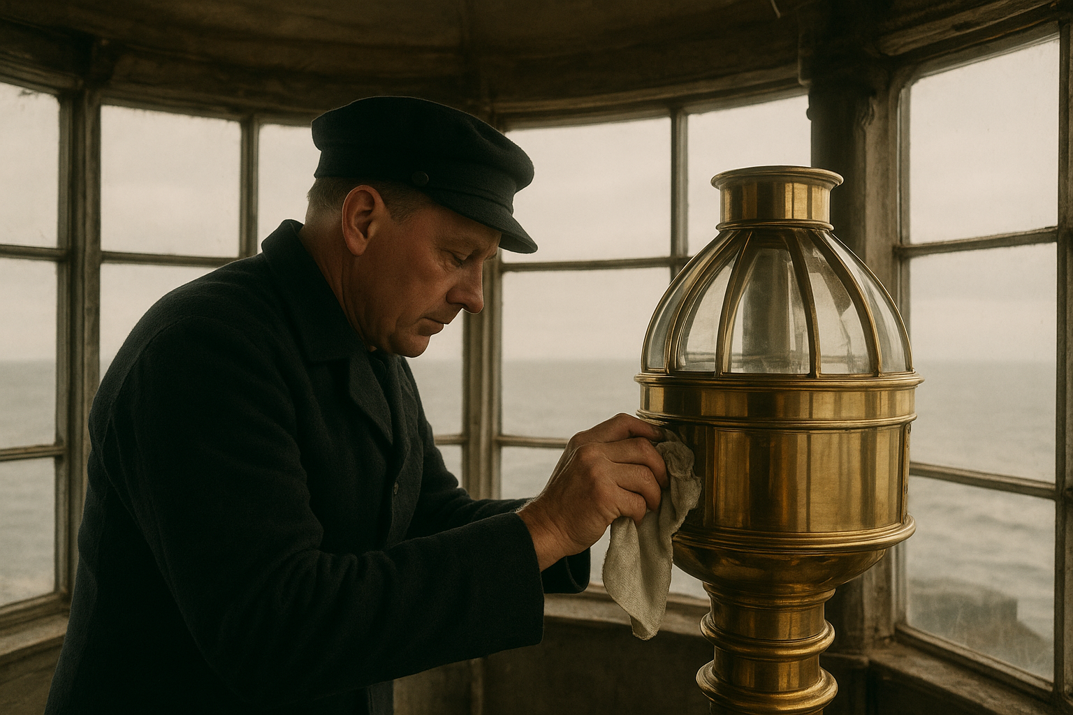 Keeper in heavy wool uniform polishing brass lantern fittings inside the lantern room