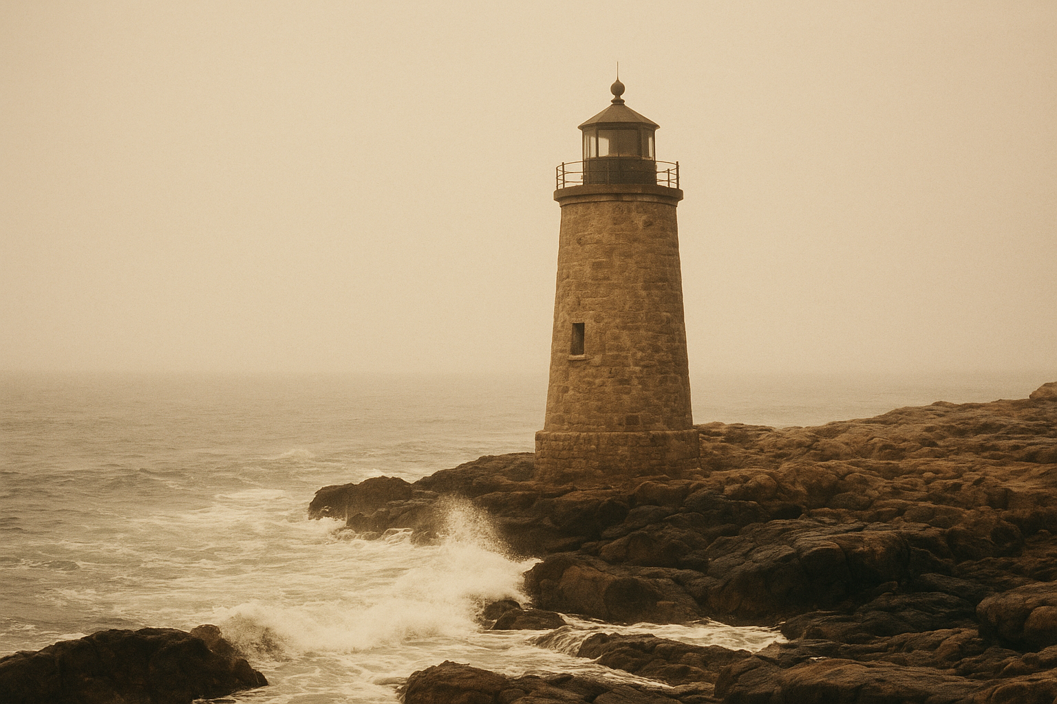 Archival-style photograph of a solitary lighthouse on a rugged northern coastline at soft coastal light
