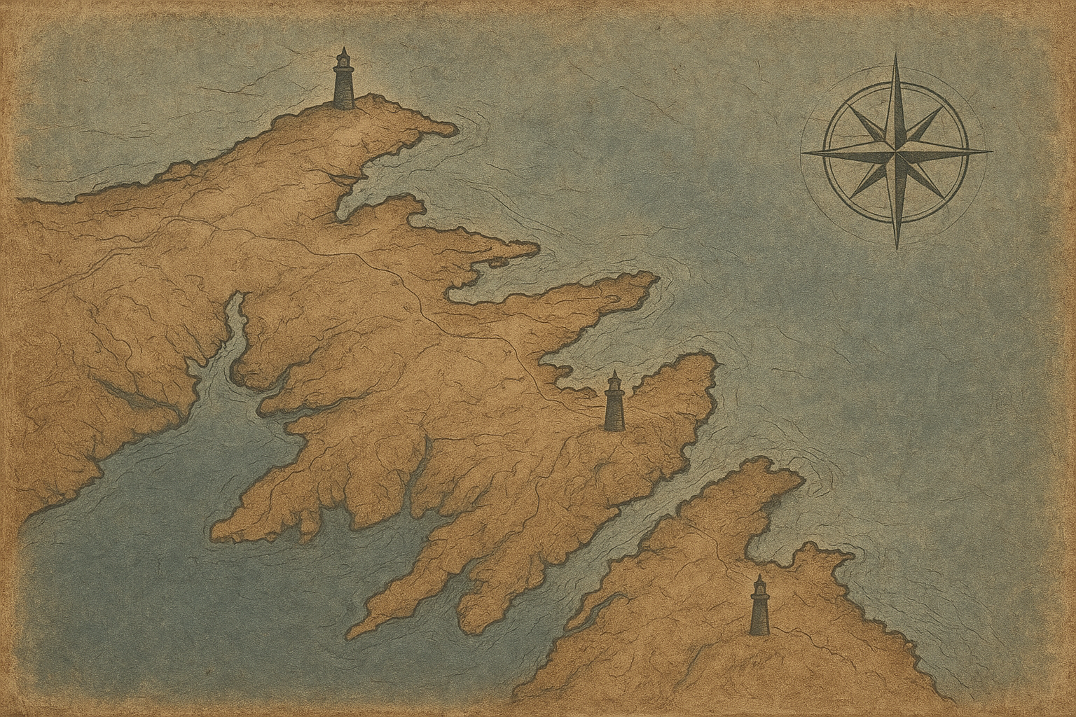 Stylized archival map of a northern coastline with lighthouse markers, route lines, and weathered paper texture