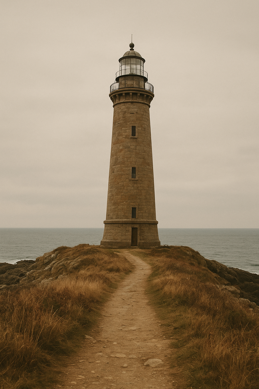 Tall preserved lighthouse tower on a rugged northern coastline under warm overcast light