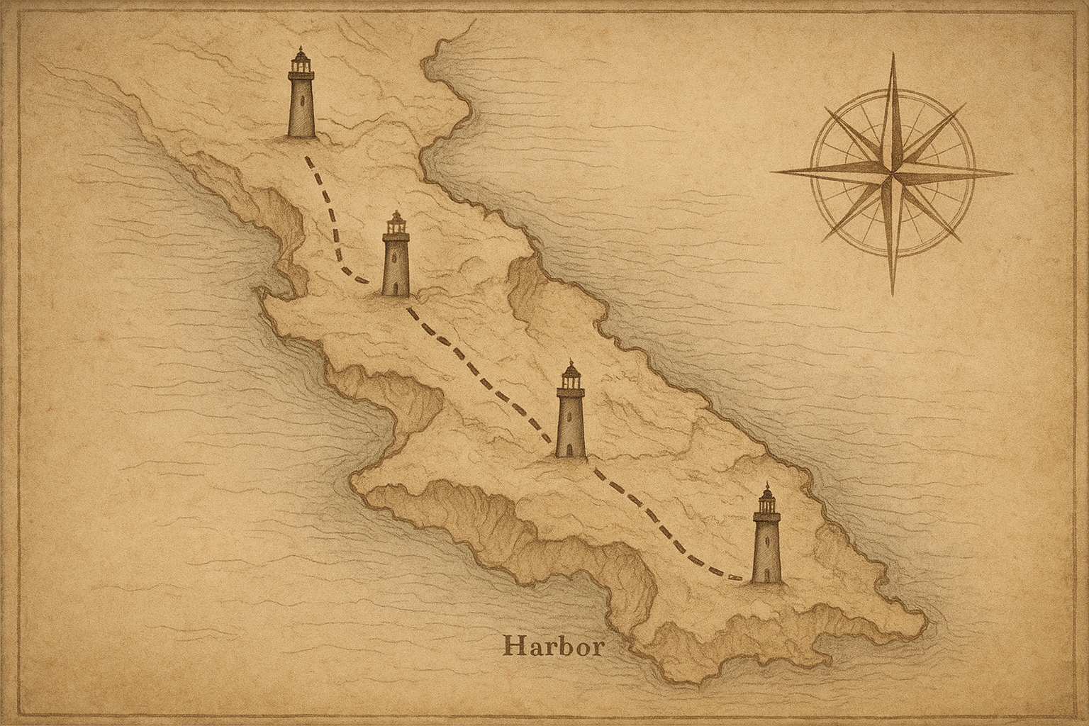 Archival-style illustrated coastline route map with preserved lighthouse markers, hand-drawn contour lines, and warm paper texture