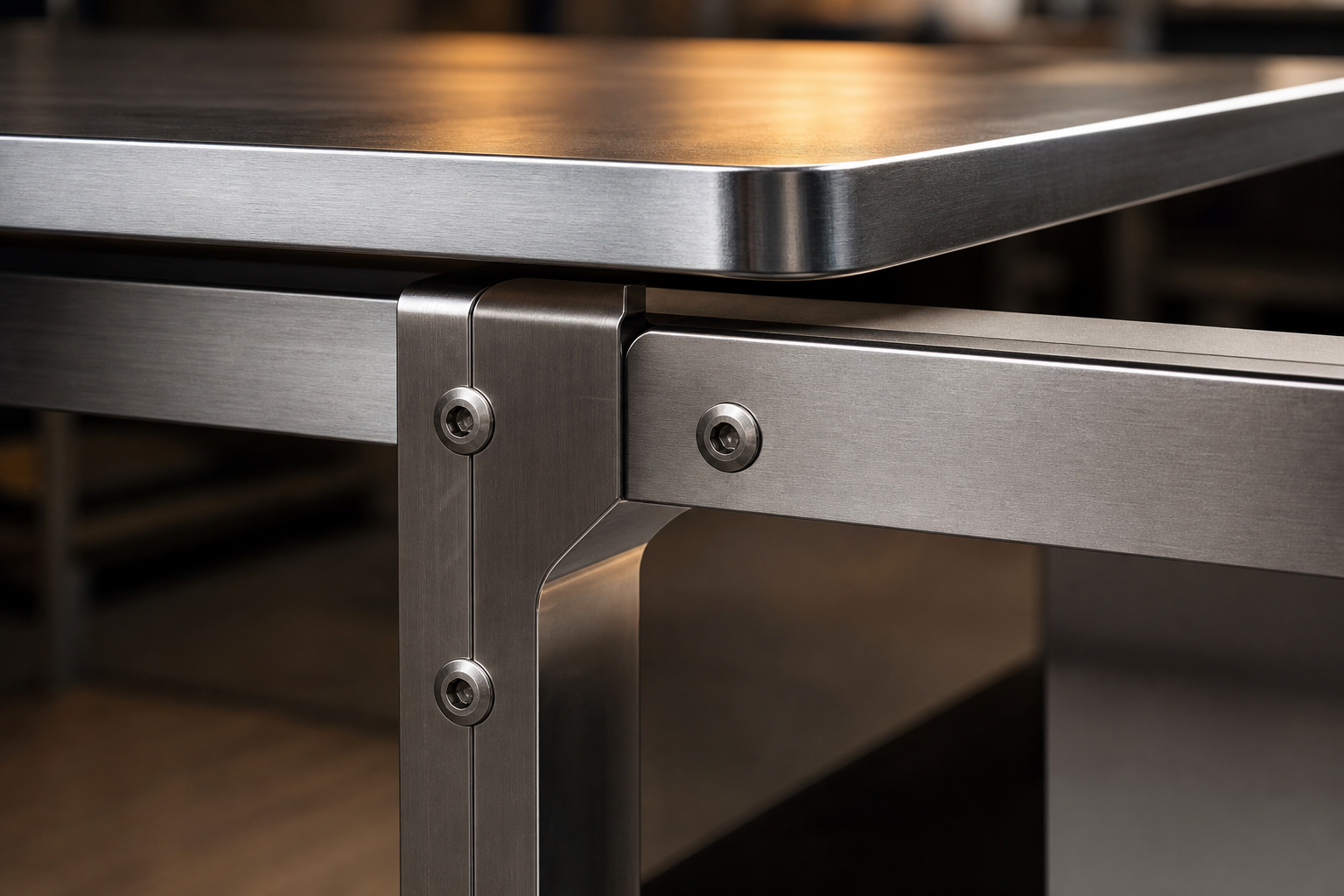 Close-up thumbnail of a custom furniture metal joint with brushed finish and precision fasteners