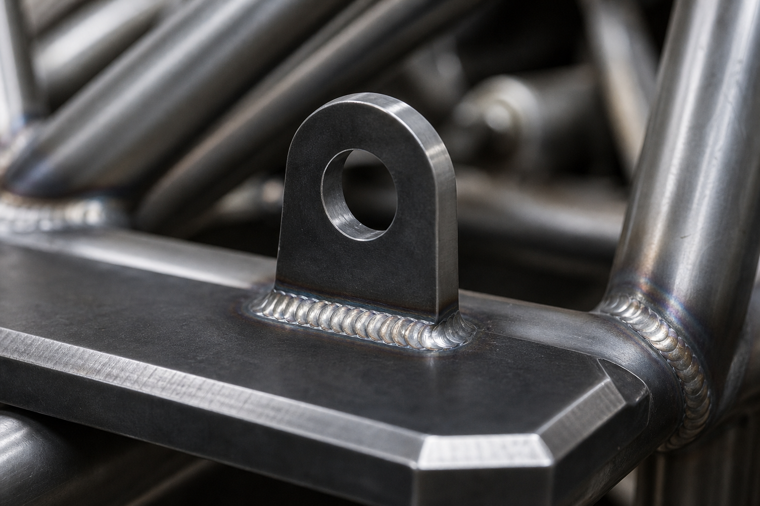 Close-up thumbnail of a motorsport chassis mount showing TIG weld detail and machined plate edges
