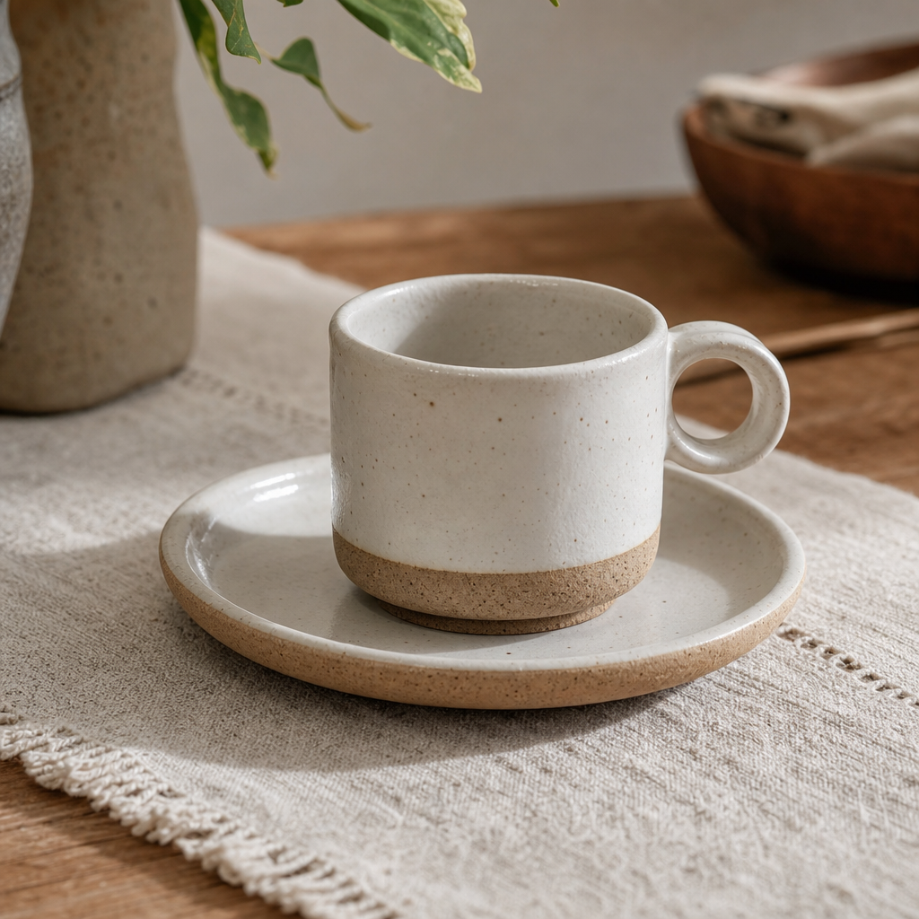 Minimal handmade espresso cup set in pale clay tones arranged on a linen runner