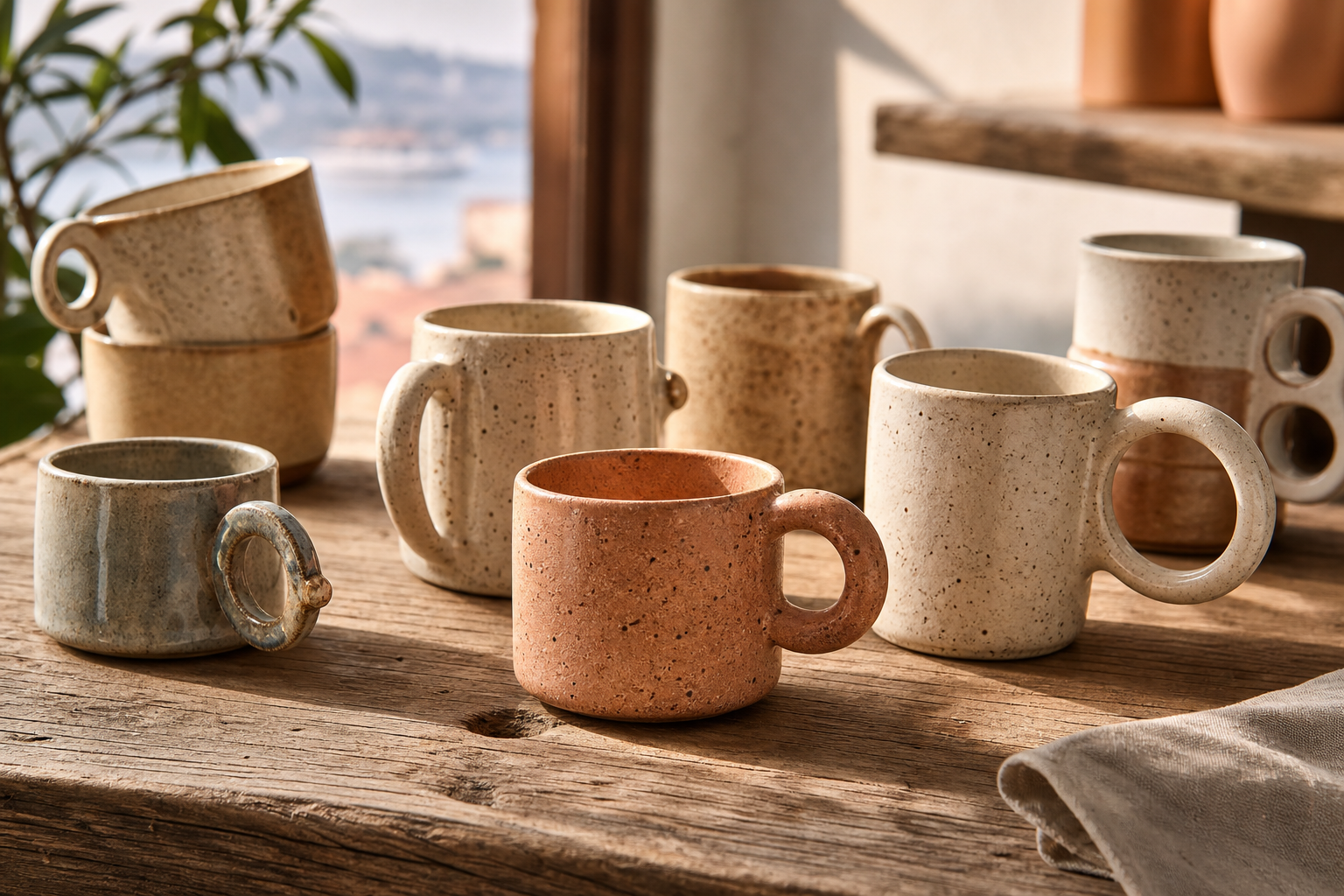 Collection of handmade speckled stoneware mugs on a rustic wooden table in warm Lisbon morning light