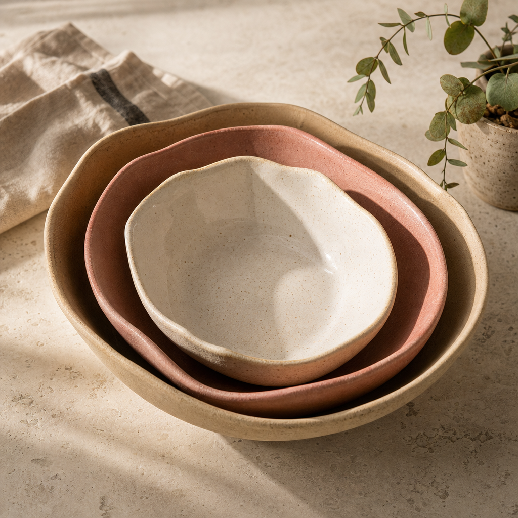 Nested matte-finish serving bowls in sand and rose clay shades on a stone countertop