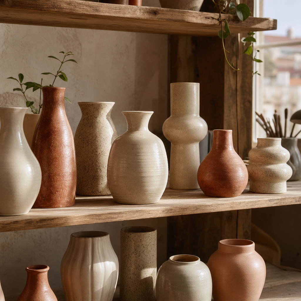 Hand-thrown cream and terracotta vases lined on wooden studio shelves with soft shadows
