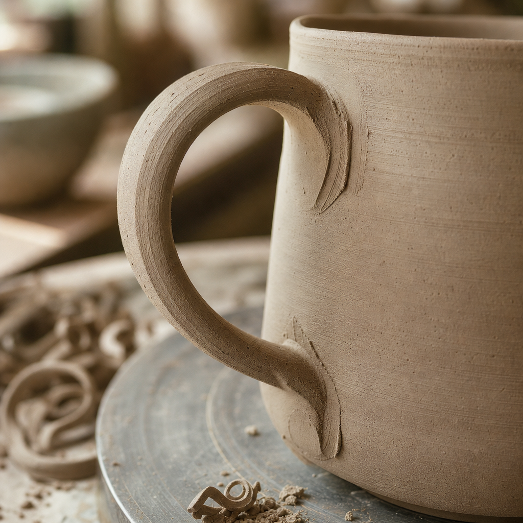 Close-up of textured clay trimming marks on a freshly formed mug handle near the pottery wheel