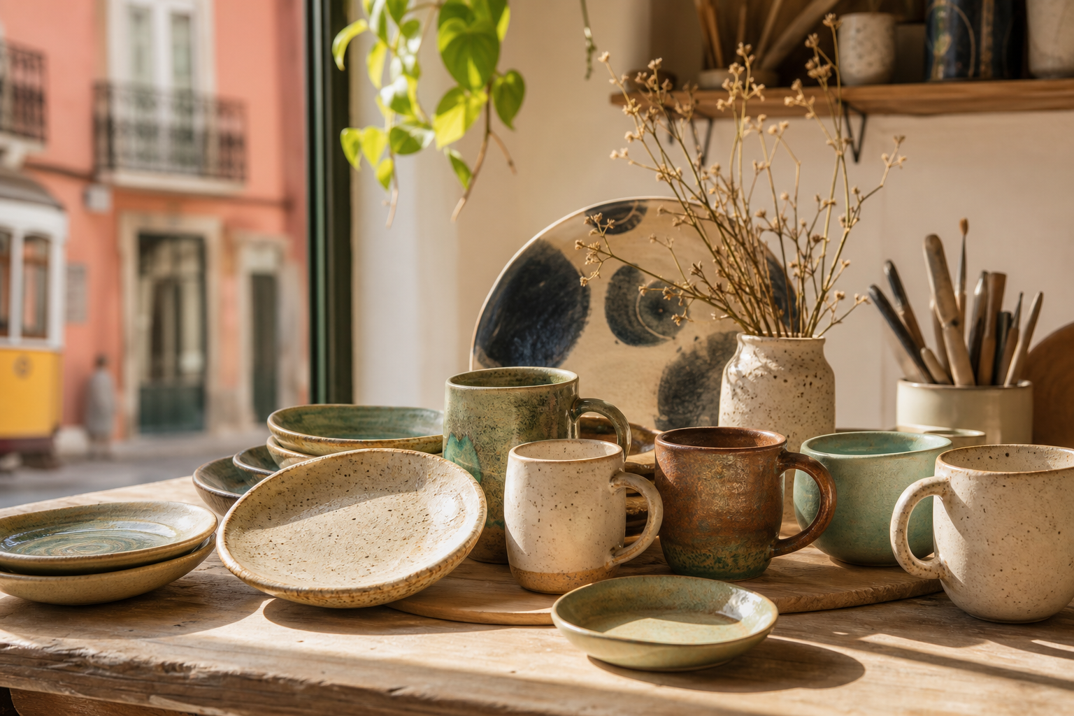 Handmade plates and mugs styled on a sunlit studio table beside a Lisbon street-facing window