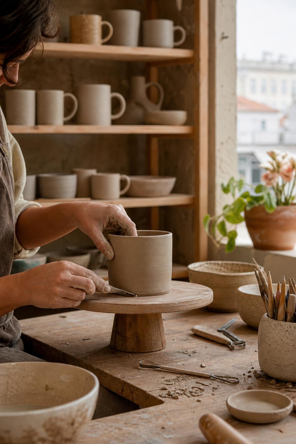 Ceramic process scene in a Lisbon pottery studio with hands shaping clay beside tools and shelves