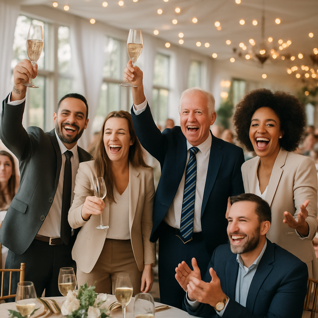 Evento exitoso con montaje elegante de mobiliario y personas celebrando