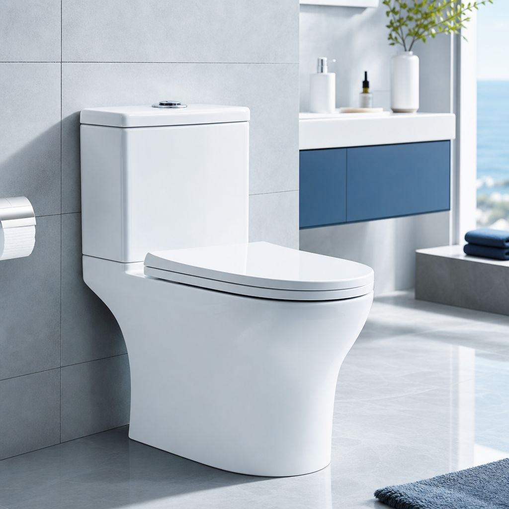 Sleek modern white ceramic toilet with soft-close lid and chrome flush button in a bright minimalist bathroom