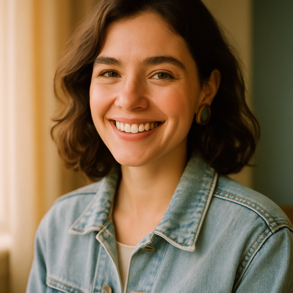Portrait of a smiling woman in a vintage denim jacket