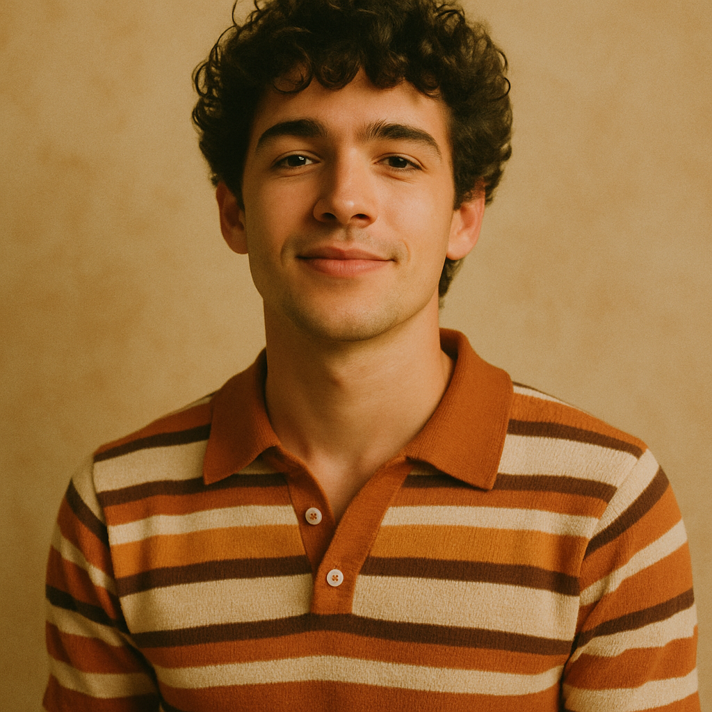 Portrait of a man with curly hair wearing a retro striped shirt