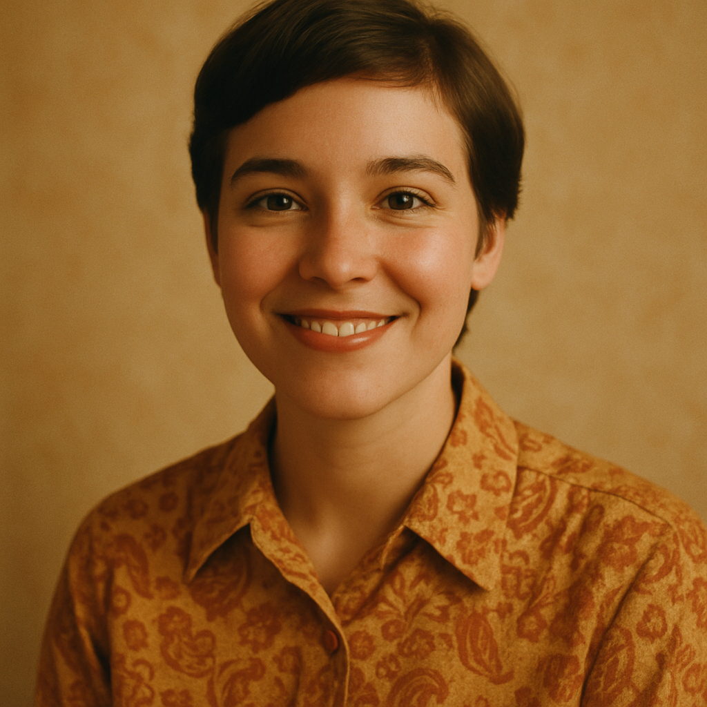 Portrait of a woman with short hair in a patterned vintage blouse