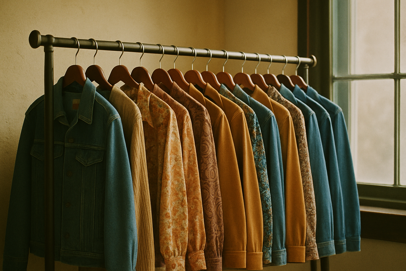 A curated rack of 70s and 80s vintage clothing