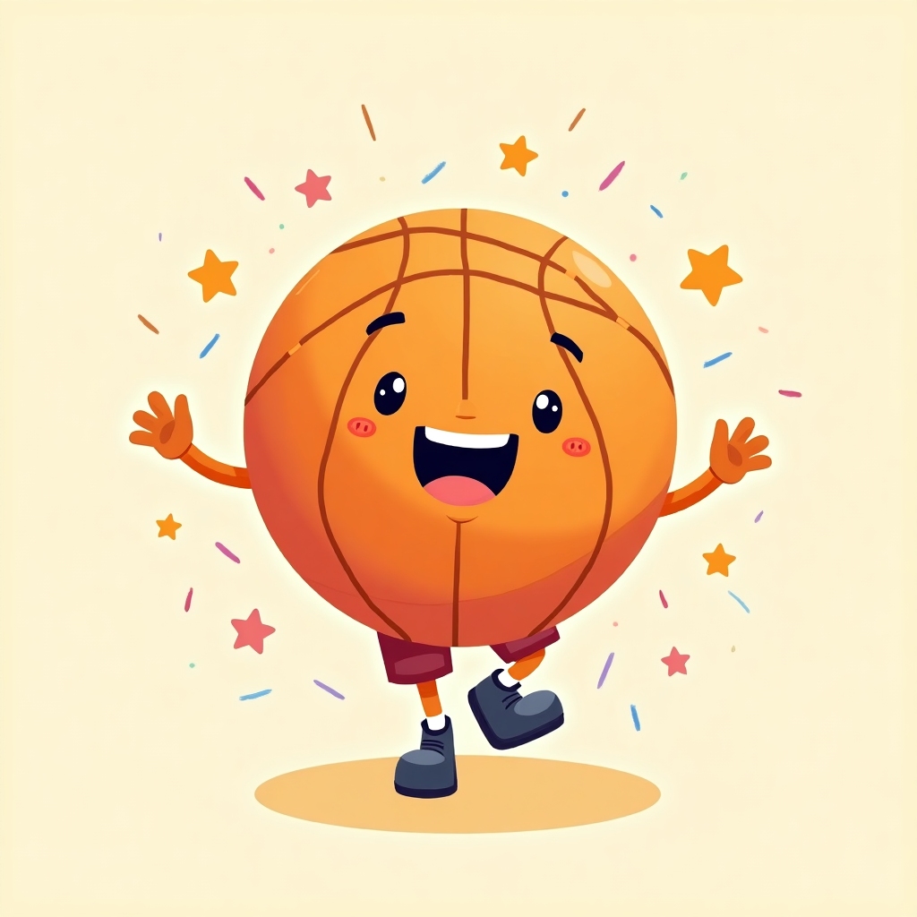 Cheerful cartoon basketball with arms, smiling on a pastel background, surrounded by playful confetti and stars