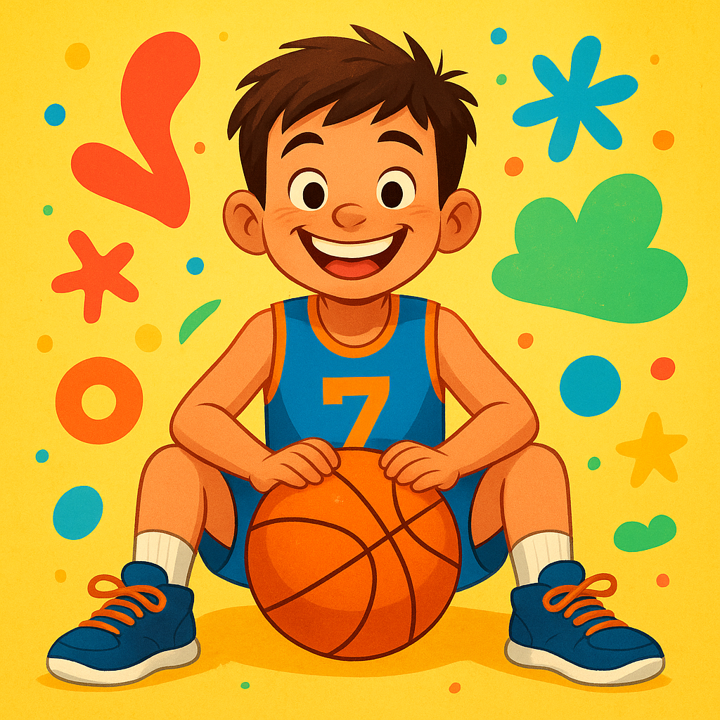 Laughing boy sitting with basketball shoes and jersey on a bright, playful background