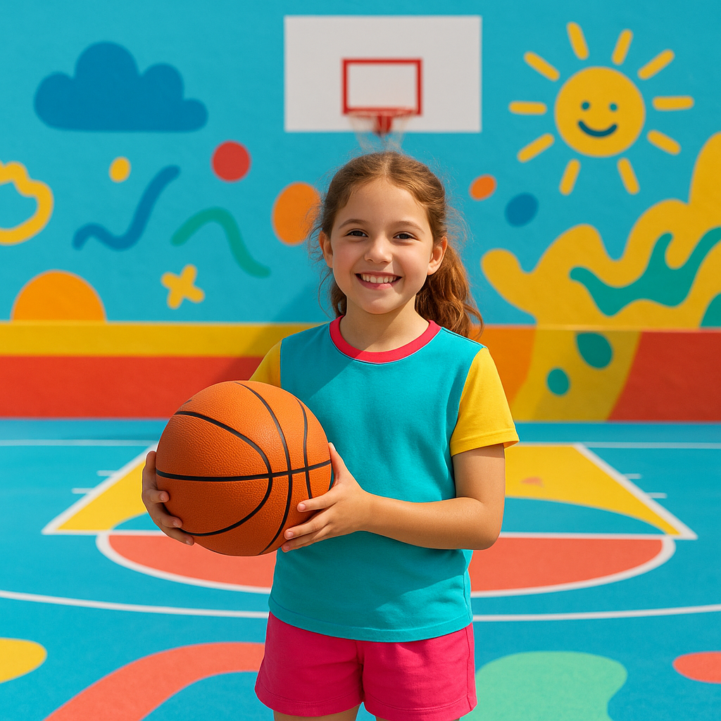 Smiling young girl holding a basketball on a colorful court