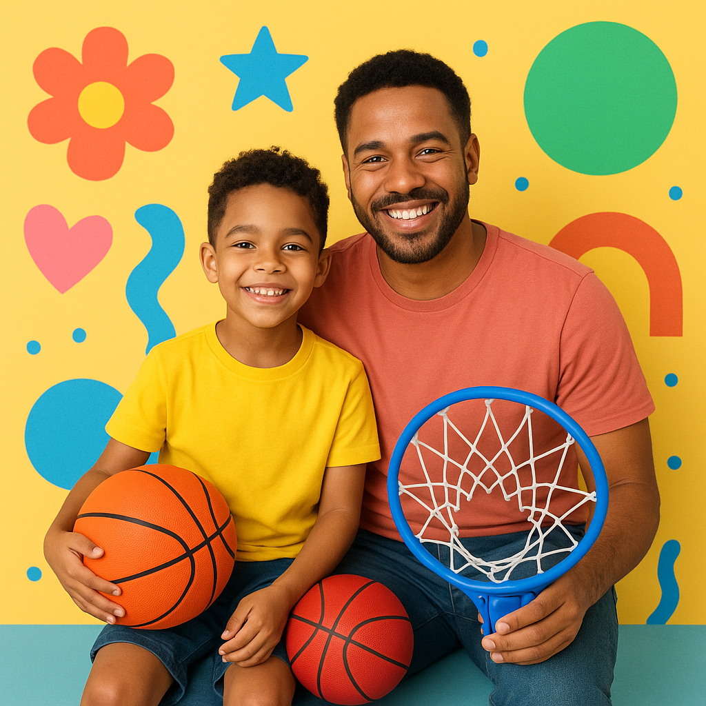 Happy parent and child sitting together holding basketball gear with playful background