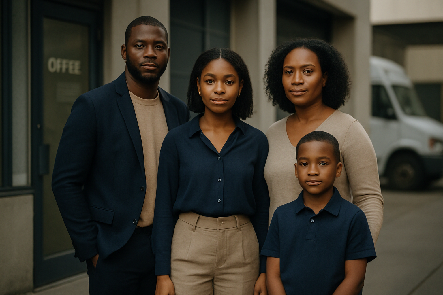 Haitian immigrant family standing together in front of their small transportation business, wearing smart casual clothing with calm, proud expressions