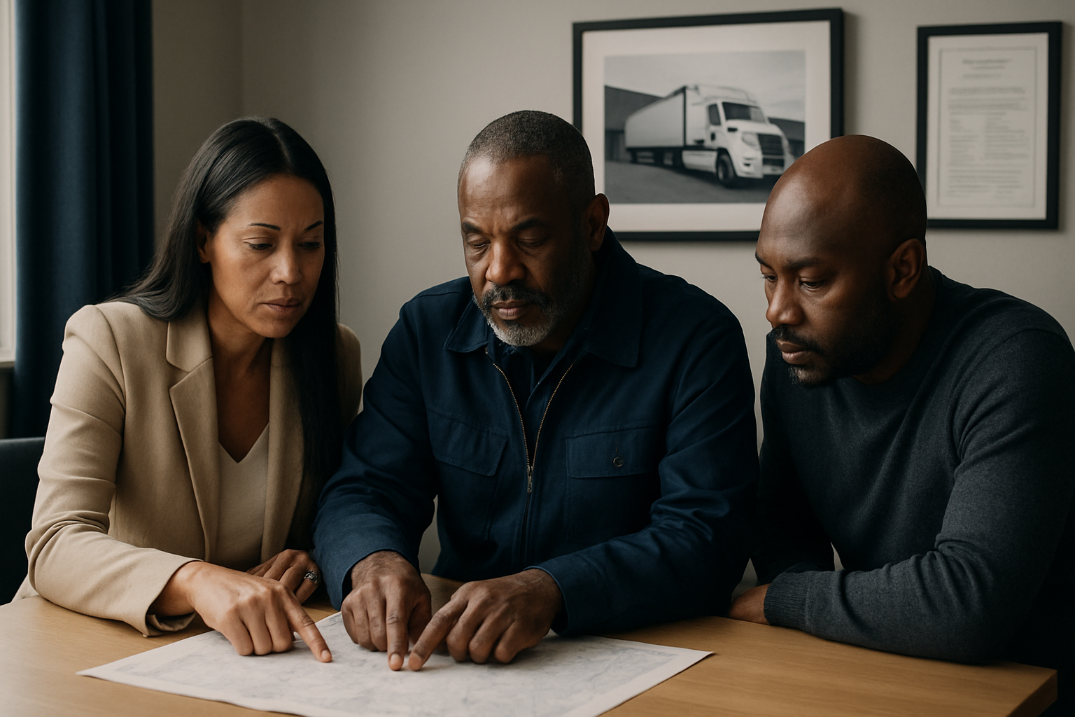 Haitian and immigrant transportation owners reviewing route plans in a calm, modern office with premium fleet imagery on the wall