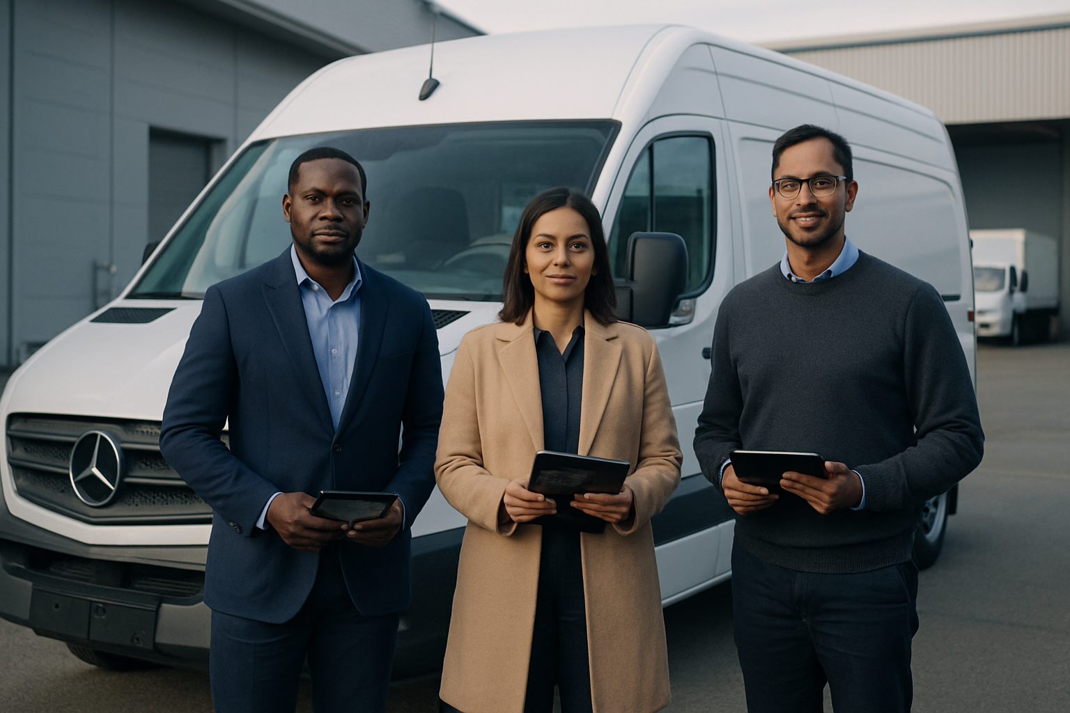 Haitian and immigrant transportation owners standing with a premium delivery van and tablets, wearing business-casual attire
