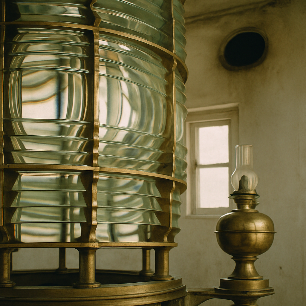 Close crop of a lighthouse beacon room showing a polished Fresnel lens, brass fittings, and faint soot near a vent