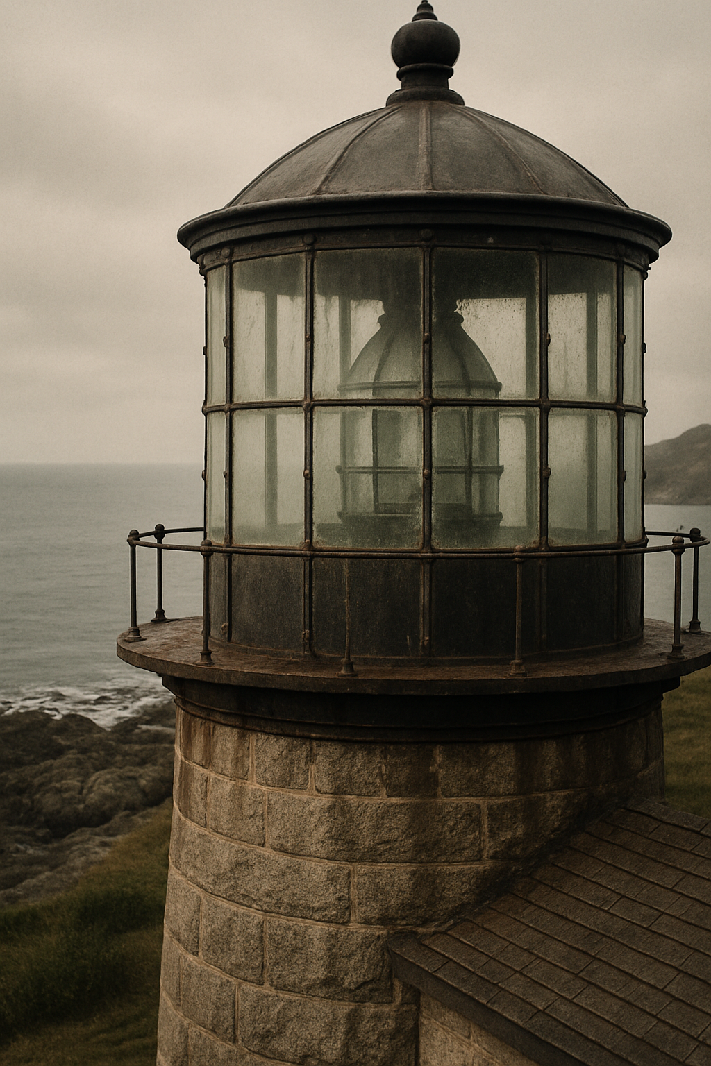 Weathered lighthouse lantern room with salt-stained glass and riveted iron framing above a rocky northern coastline
