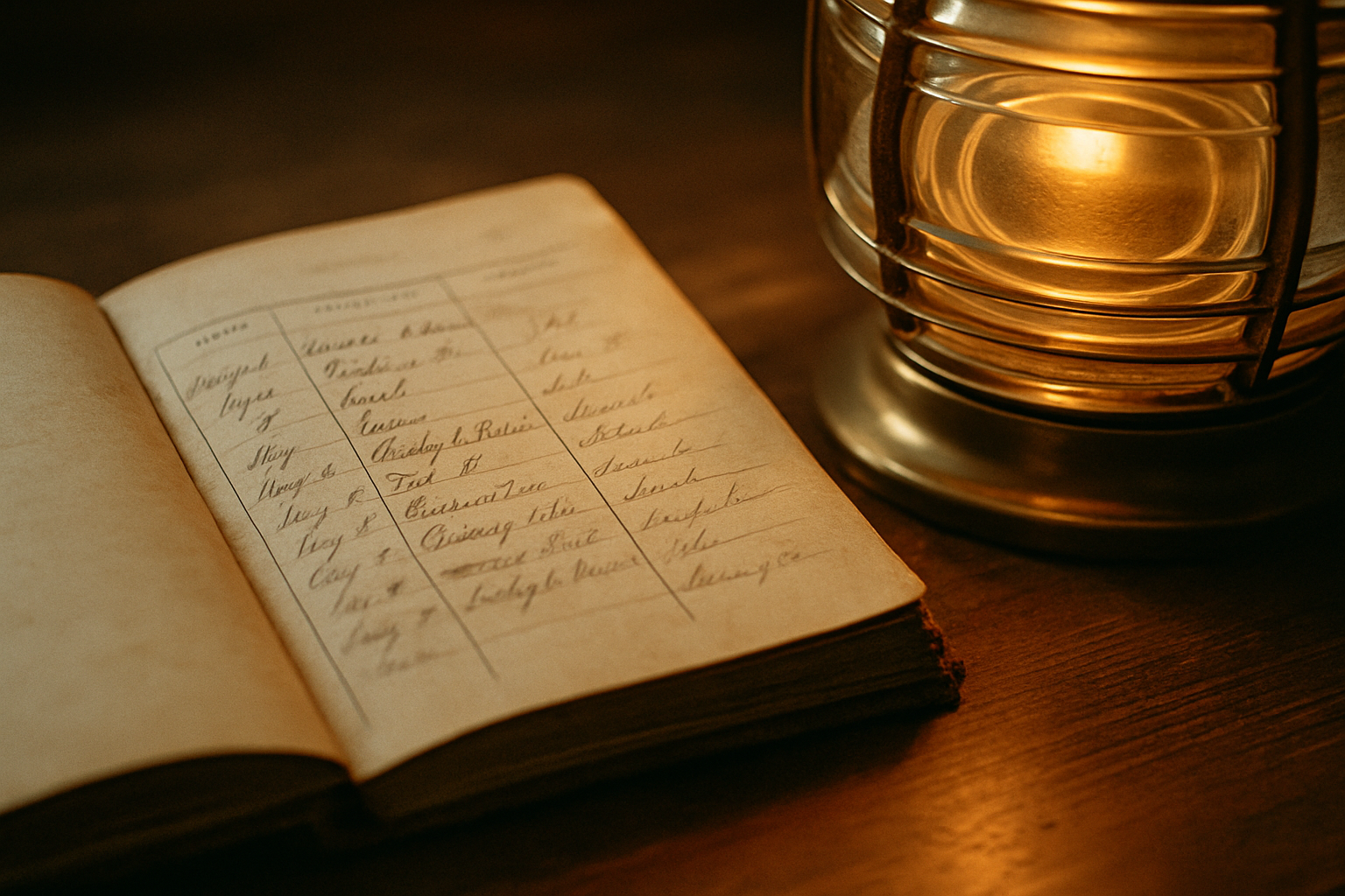 A weathered lighthouse keeper logbook beside a brass lantern lens in warm evening light