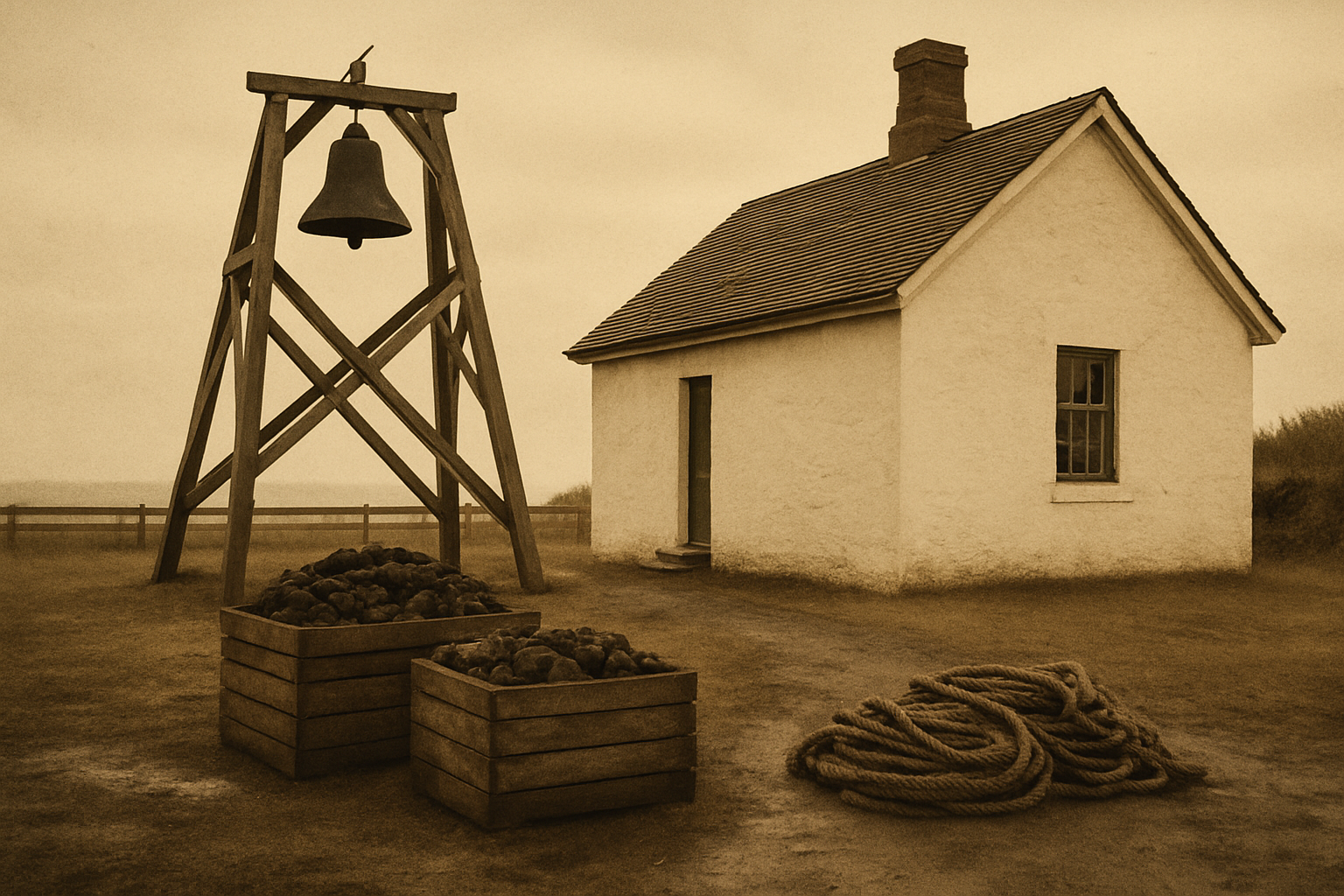 Archival photograph of keeper cottage yard with signal fogbell frame and stacked coal crates